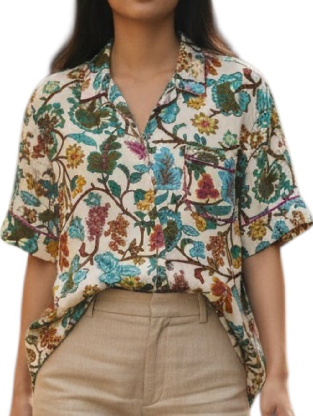 Rose & Olive Boho Floral Short Sleeve Button Down Shirt